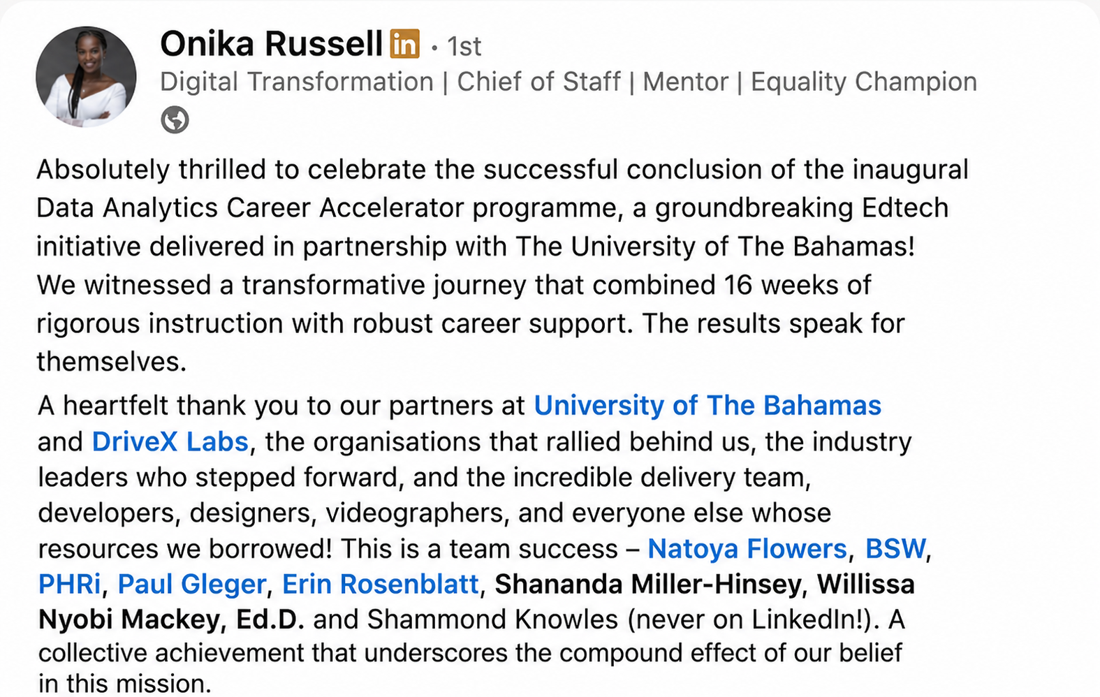 LinkedIn post from Onika Russell celebrating the Data Analytics Career Accelerator